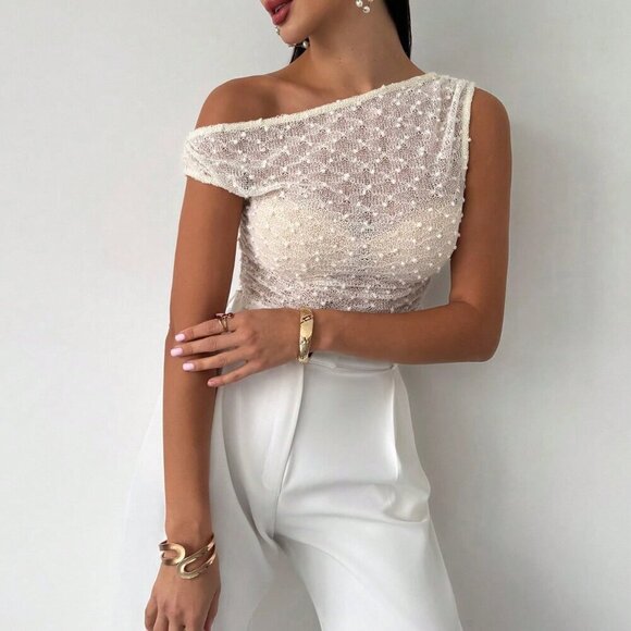 Apricot Casual Women's Asymmetric Neck Textured Knit Gathered Bodycon T-Shirt - Picture 3 of 7